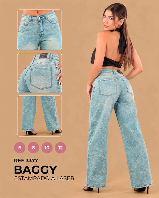 Baggy Estampado a Láser Azul Claro