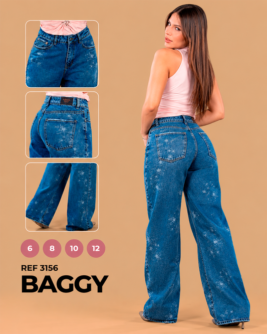 Baggy Azul Oscuro con Flores Desteñidas Ref 3156