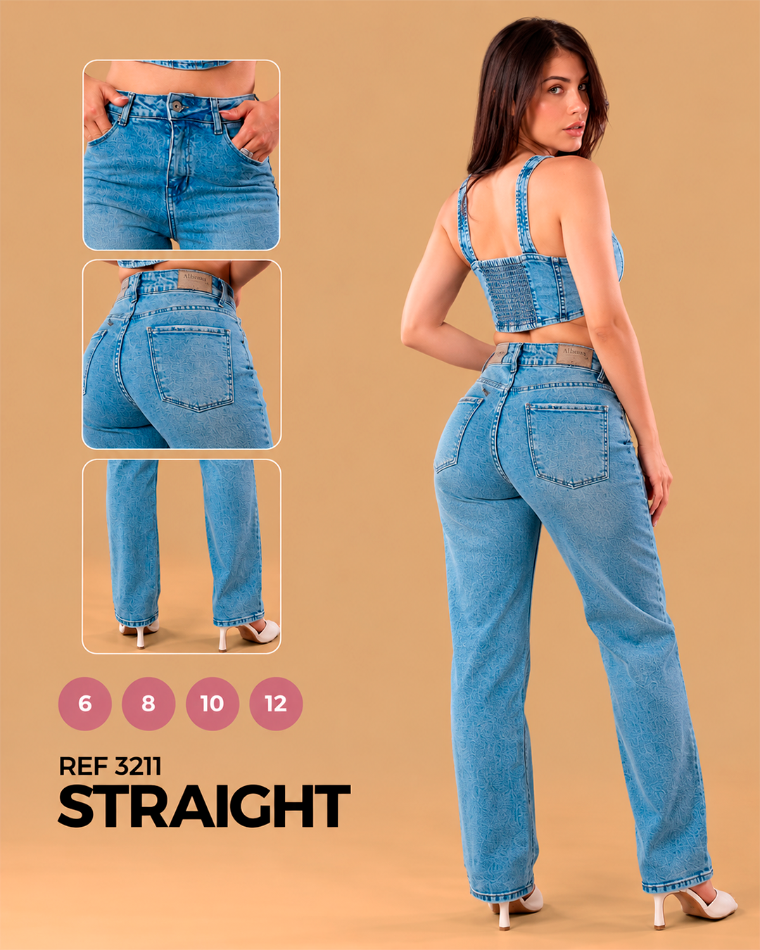 Straight Tiro Alto Azul Claro Texturizado Ref 3211