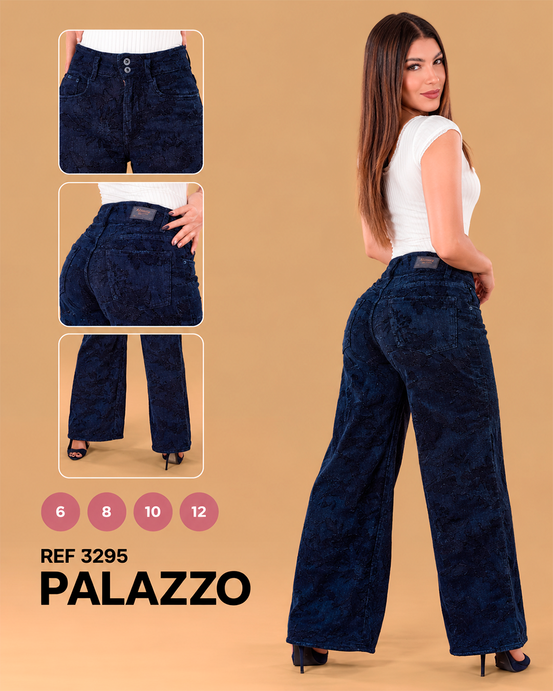 Palazzo Bordado Floral Azul Oscuro Doble Botón Ref 3295