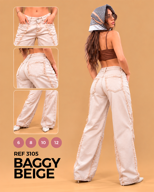 Baggy Beige Tiro Bajo con Costuras Deshilachadas Ref 3105