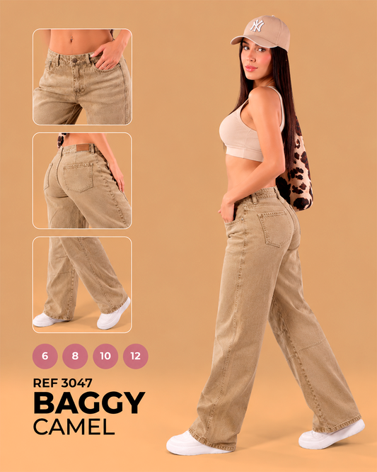 Baggy Camel Tiro Bajo Lavado Desgastado Pierna Ancha Ref 3047