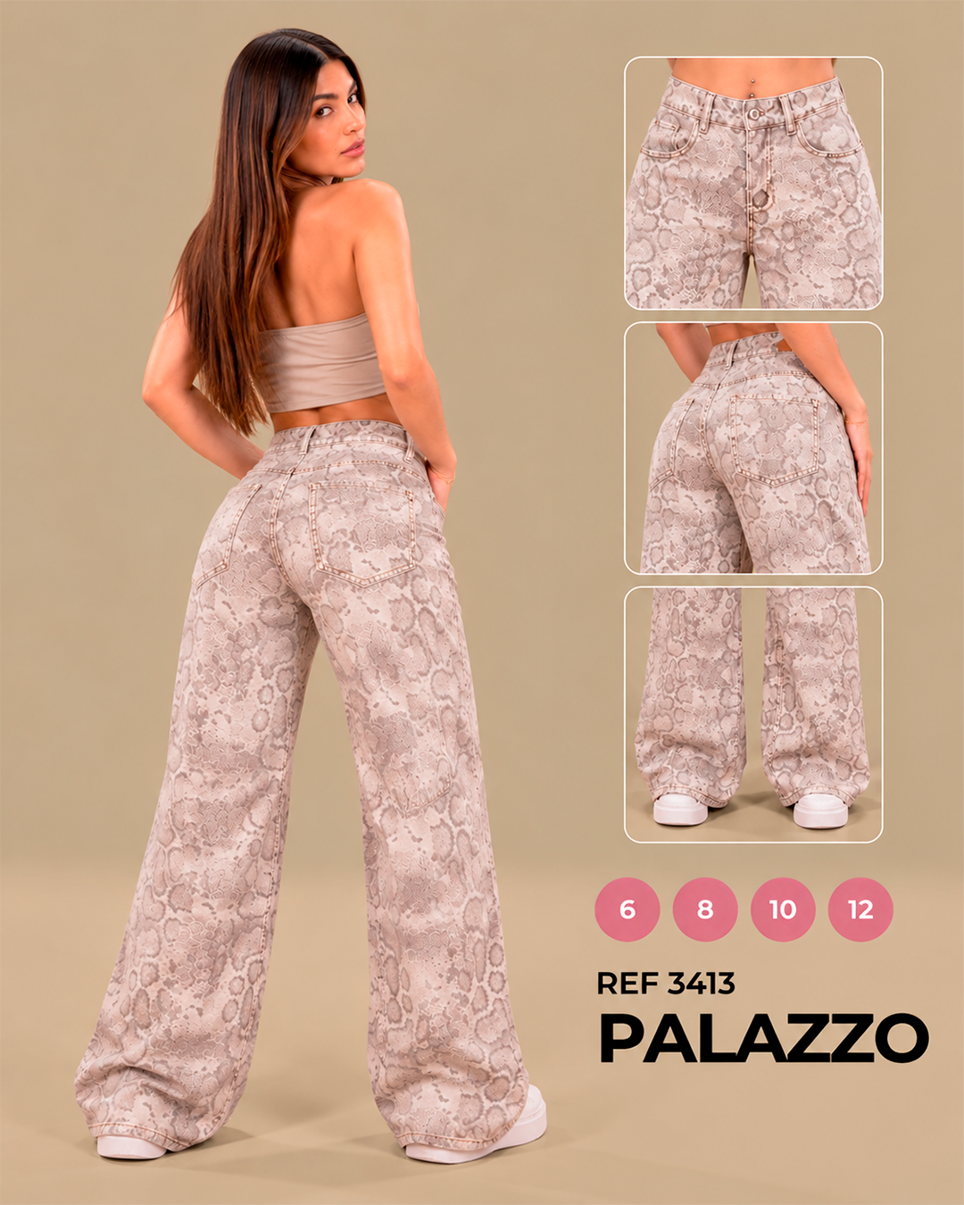 Palazzo Estampado Pitón Beige y Gris Tiro Bajo