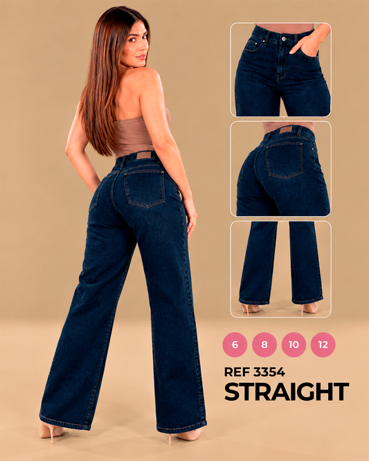 Straight Tiro Alto Azul Oscuro con Textura Floral