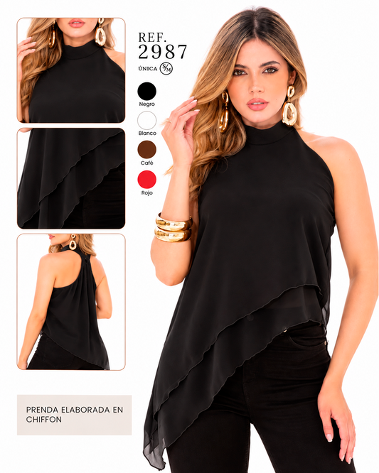 Blusa de Chiffon Cuello Halter Asimétrica