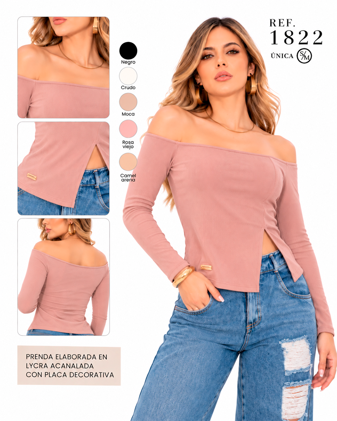 Blusa Acanalada Hombros Descubiertos con Abertura Lateral
