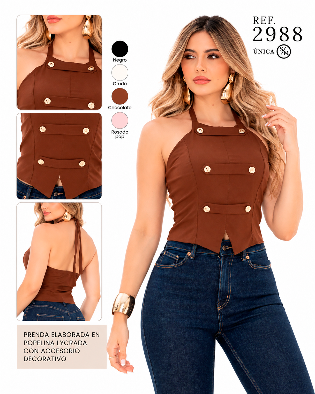 Top Halter con Botones Dorados Espalda Descubierta