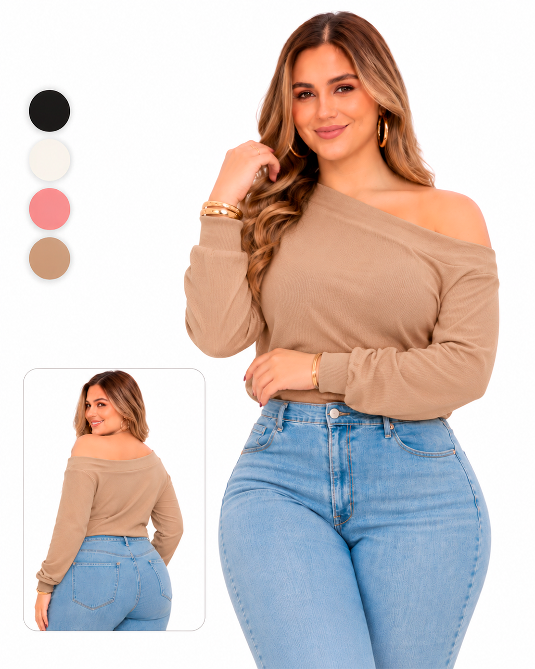 Blusa Manga Larga de Hombro Descubierto en Tela Craquelada