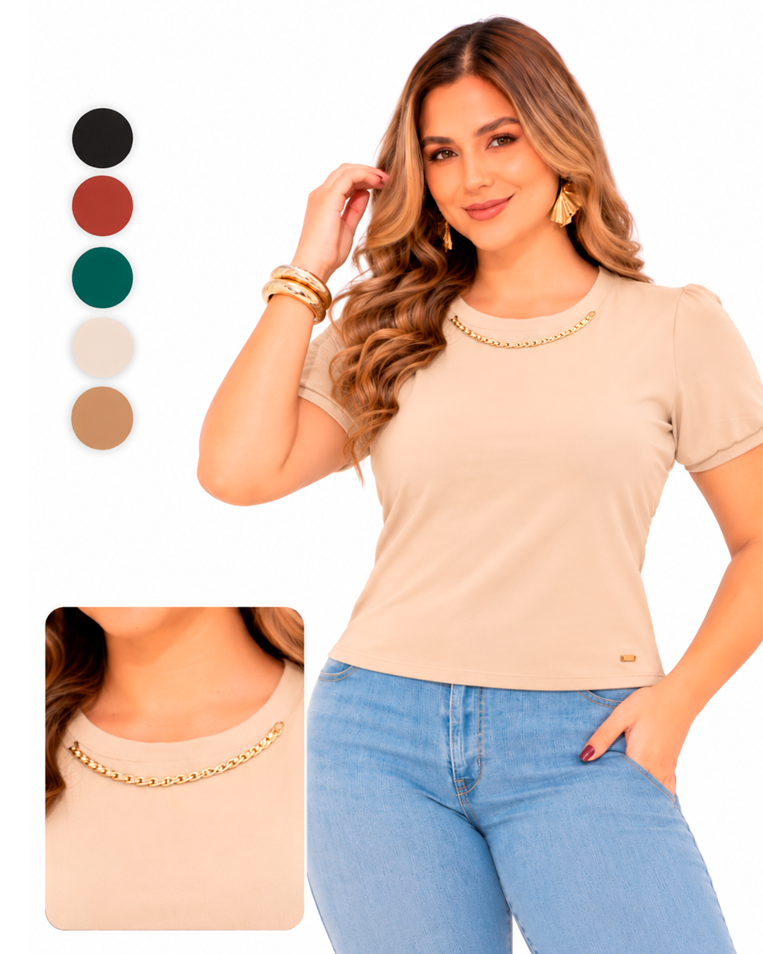 Blusa Manga Corta con Cadena Dorada en el Cuello y Placa Decorativa
