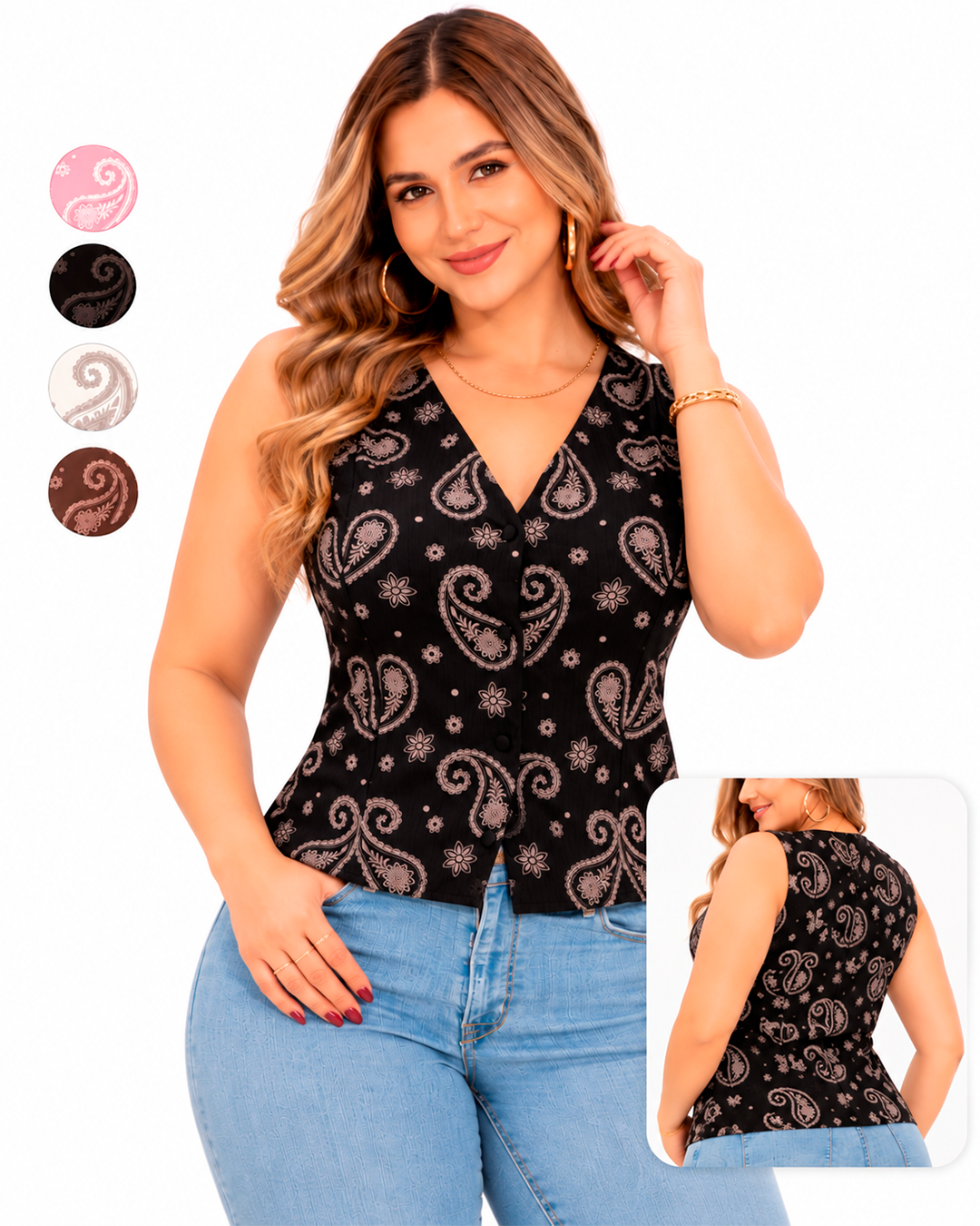 Blusa Sin Mangas con Escote en V, Botones y Estampado Paisley Ref 11133
