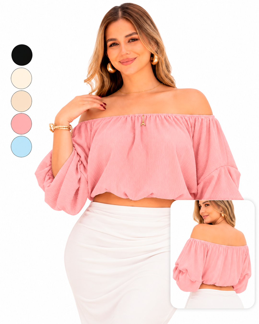 Blusa Hombros Descubiertos con Mangas Globo y Accesorio Torre Eiffel Ref 11137