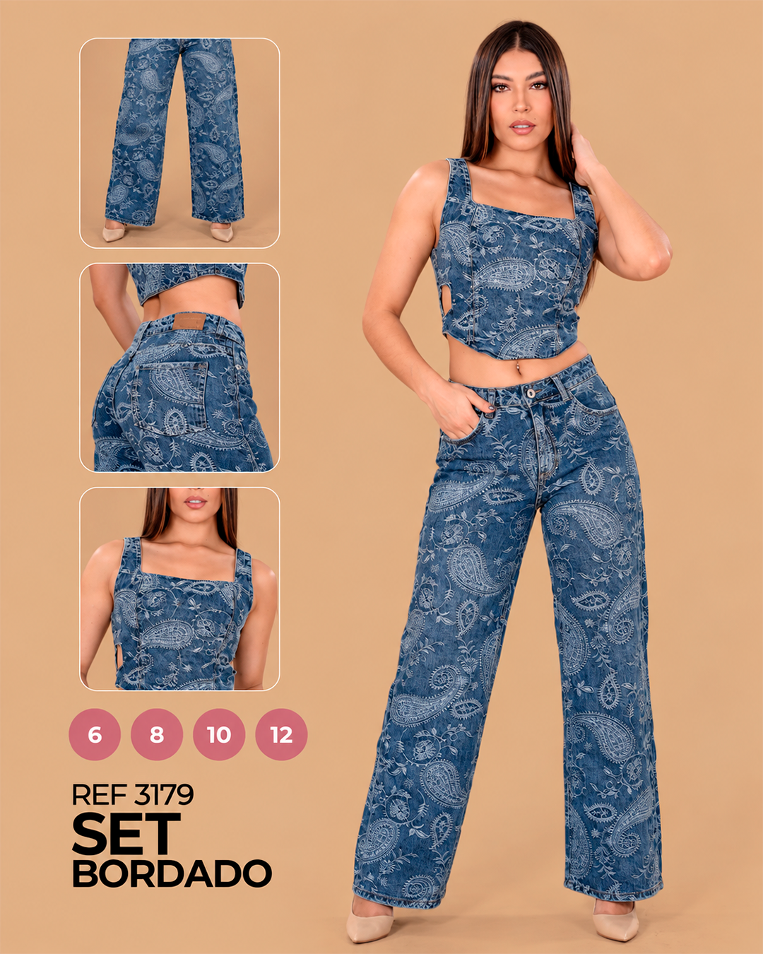 Conjunto Jean Bordado Top y Wide Leg Ref 3179