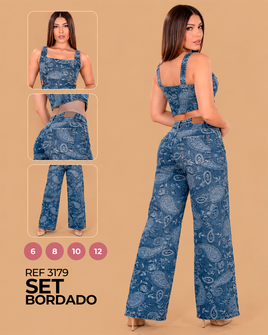 Conjunto Jean Bordado Top y Wide Leg Ref 3179