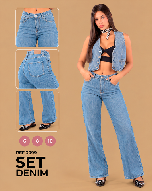Set Denim Chaleco y Pantalón Wide Leg