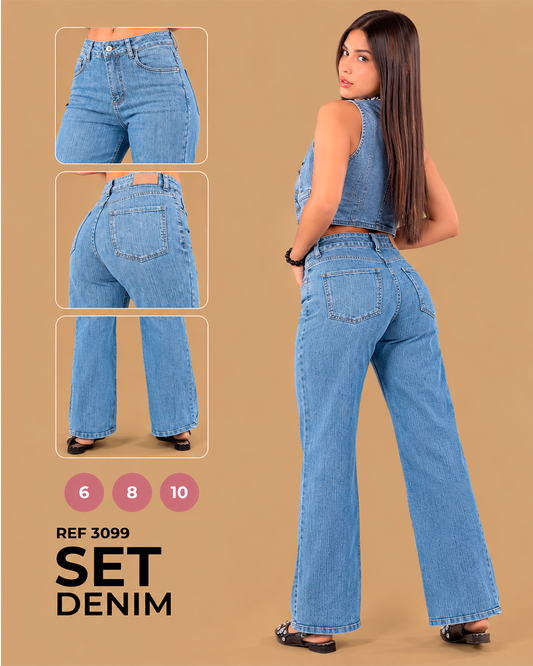 Set Denim Chaleco y Pantalón Wide Leg