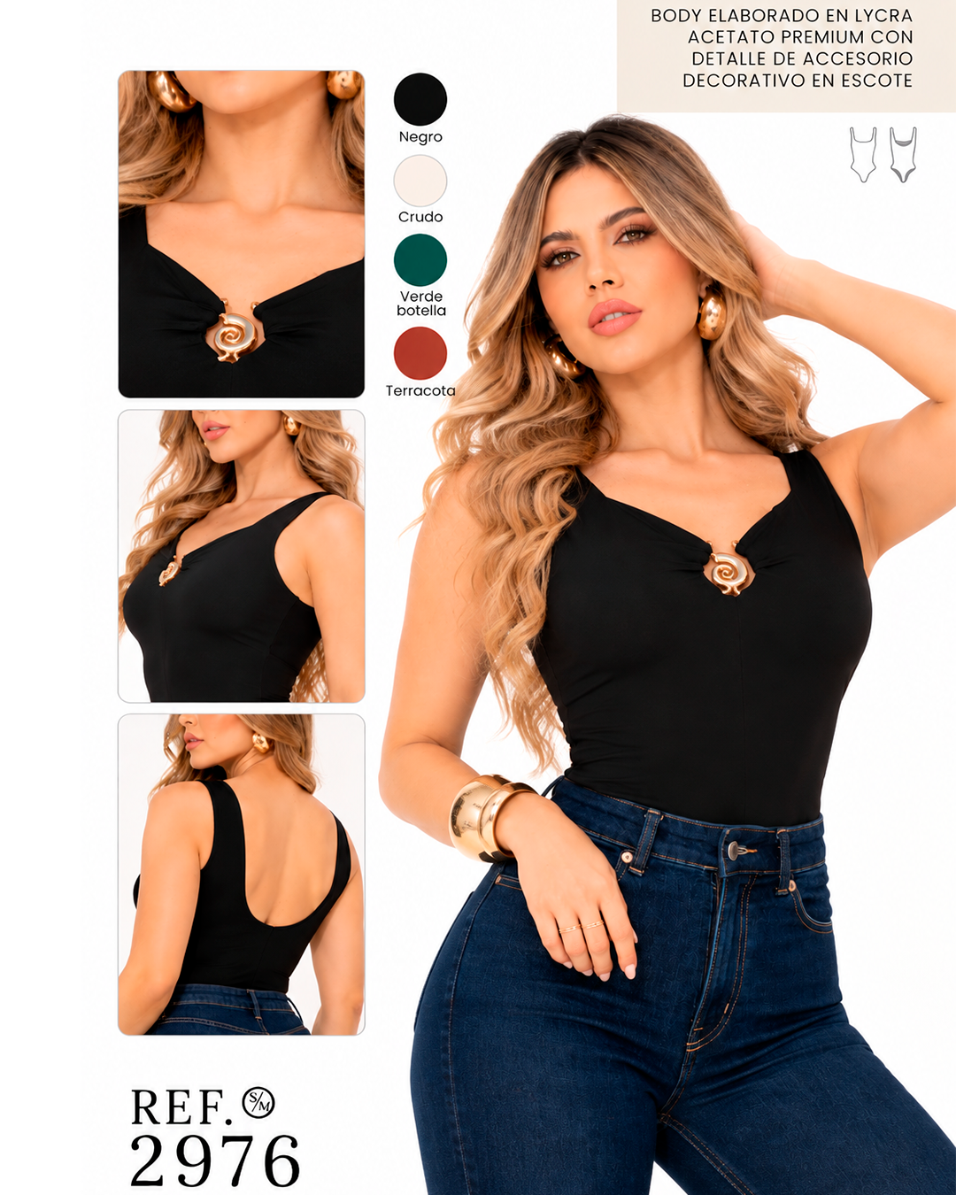 Body Escote Corazón con Tirantes Anchos y Accesorio DoradoRef 2976