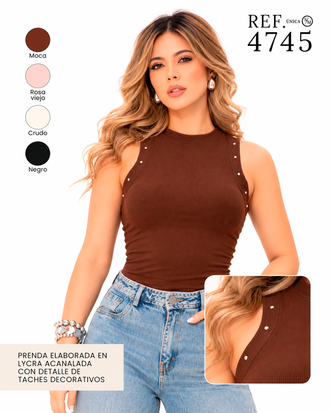 Blusa Acanalada Sin Mangas Cuello Alto con Tachas