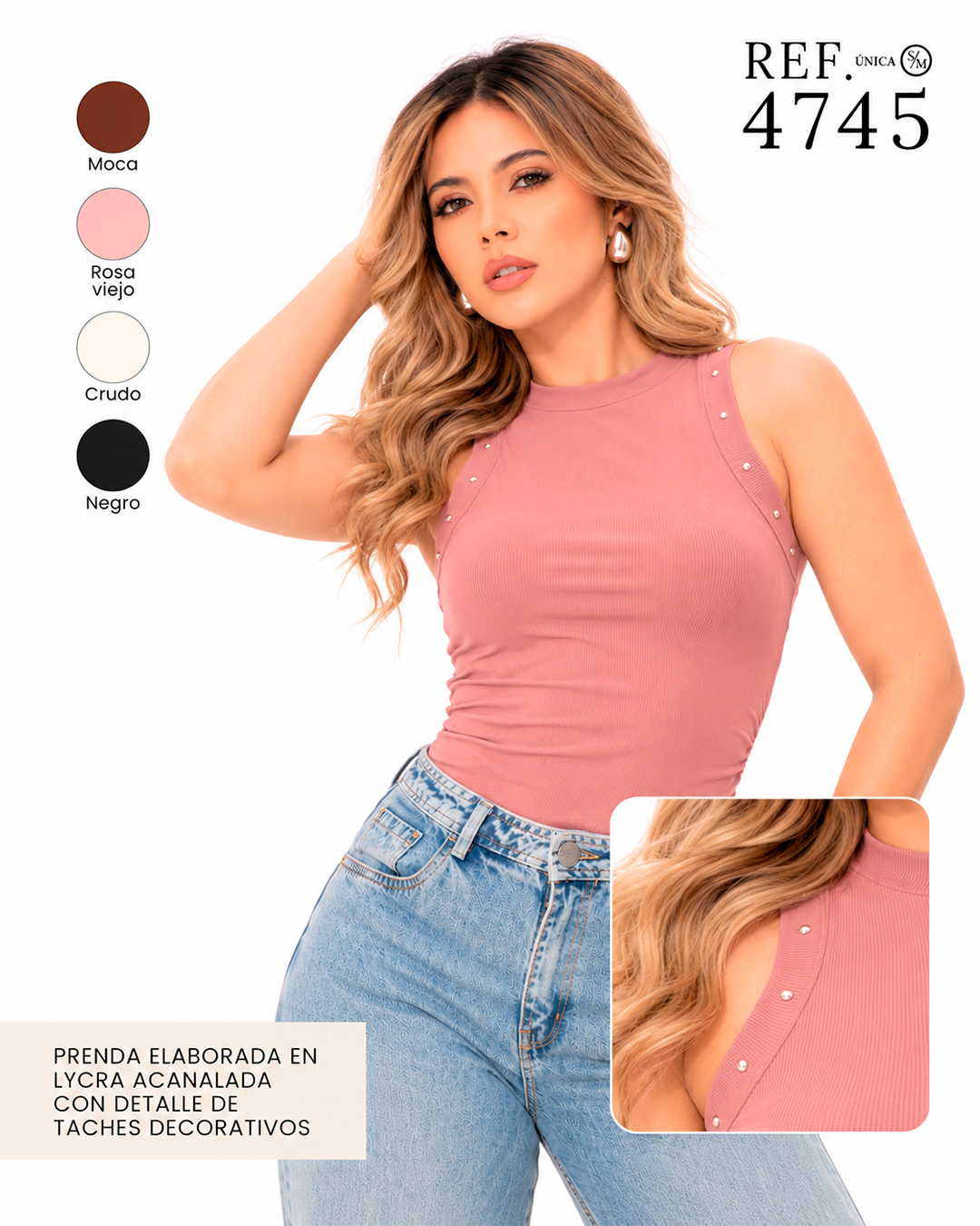 Blusa Acanalada Sin Mangas Cuello Alto con Tachas