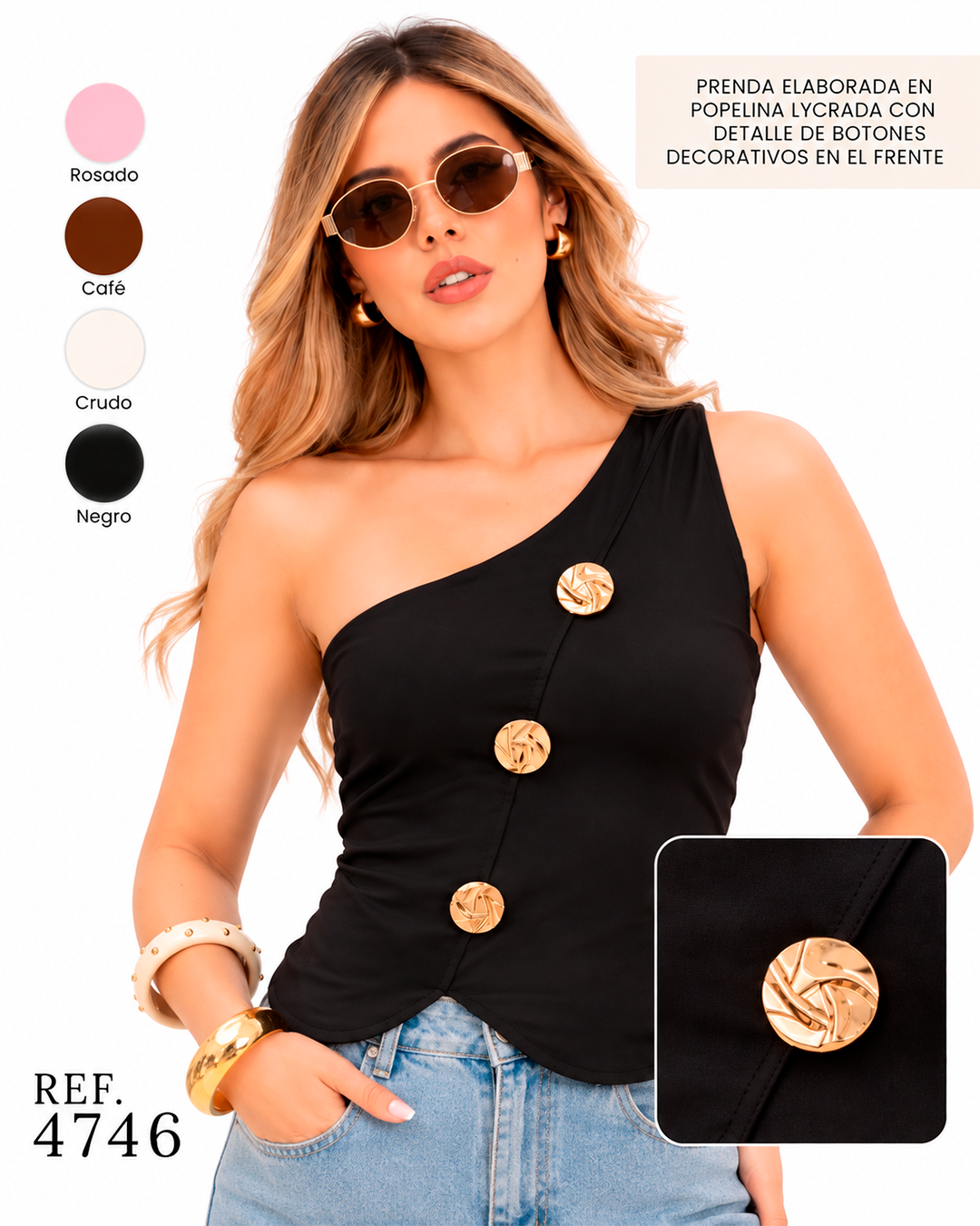 Blusa Un Hombro con Botones Dorados Ref 4746