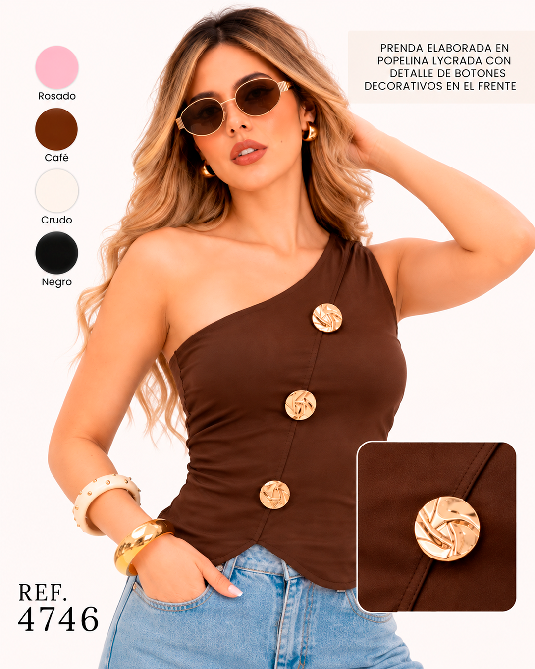 Blusa Un Hombro con Botones Dorados Ref 4746