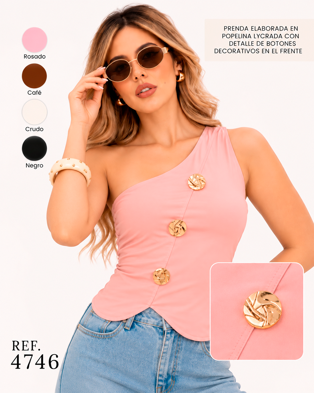 Blusa Un Hombro con Botones Dorados Ref 4746