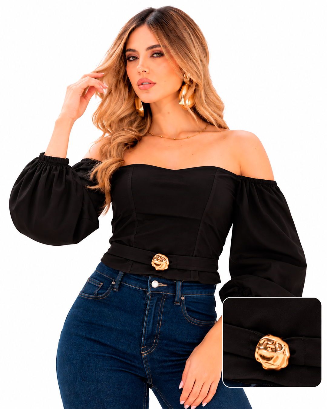 Blusa Hombros Descubiertos Manga Abullonada Ref 4758