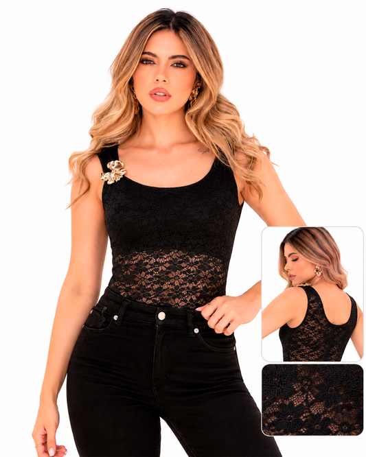 Body de Encaje Blonda Escote Redondo Ref 4764
