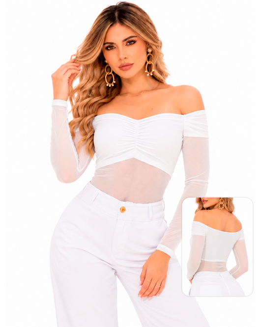 Body Hombros Descubiertos con Busto Fruncido y Transparencias