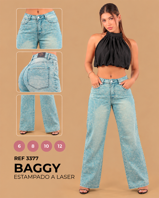 Baggy Estampado a Láser Azul Claro