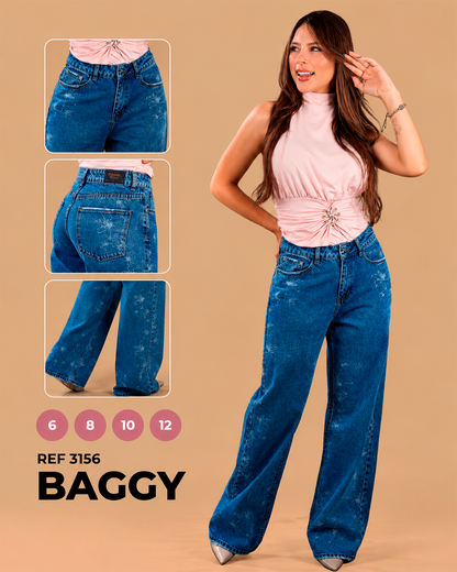 Baggy Azul Oscuro con Flores Desteñidas Ref 3156