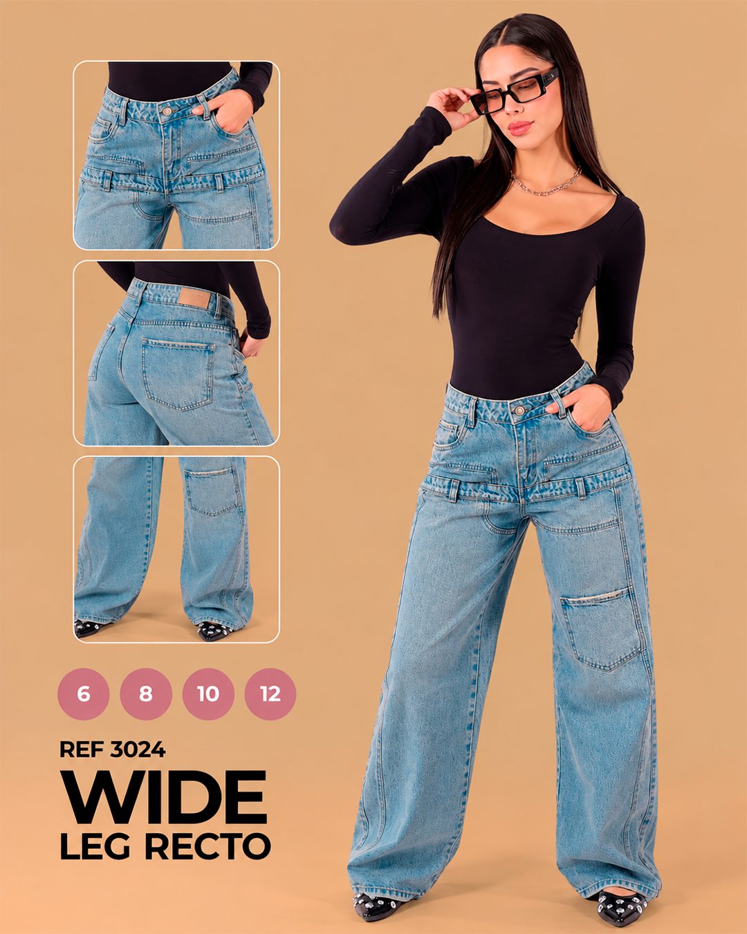 Wide Leg Recto con Doble Pretina y Bolsillo de Parche