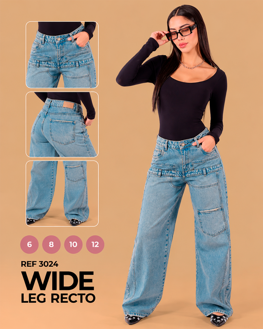 Wide Leg Recto con Doble Pretina y Bolsillo de Parche