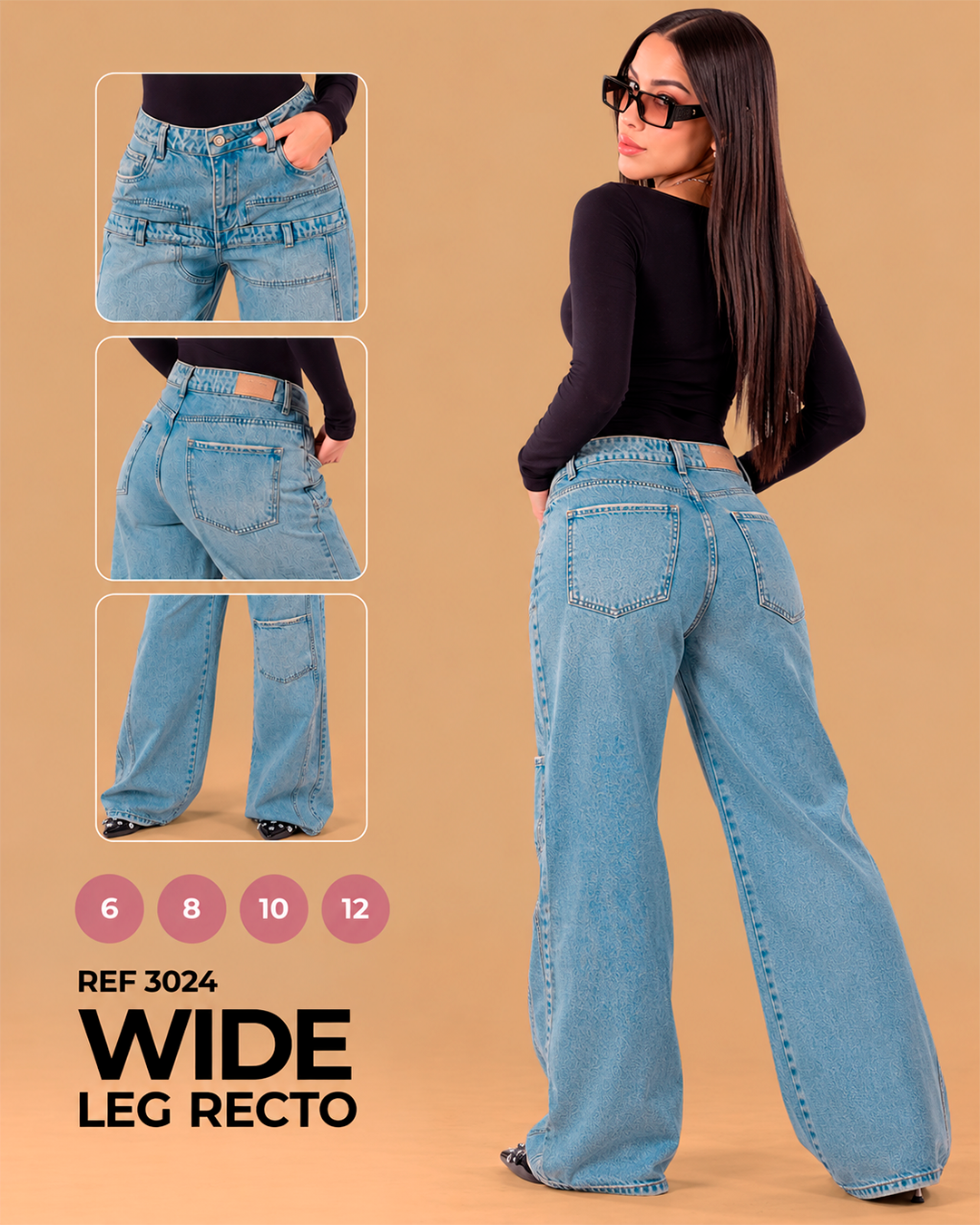 Wide Leg Recto con Doble Pretina y Bolsillo de Parche