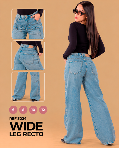 Wide Leg Recto con Doble Pretina y Bolsillo de Parche