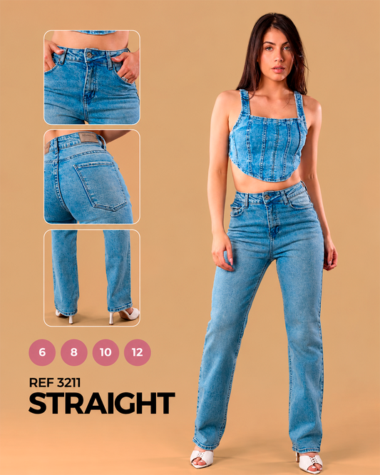 Straight Tiro Alto Azul Claro Texturizado Ref 3211