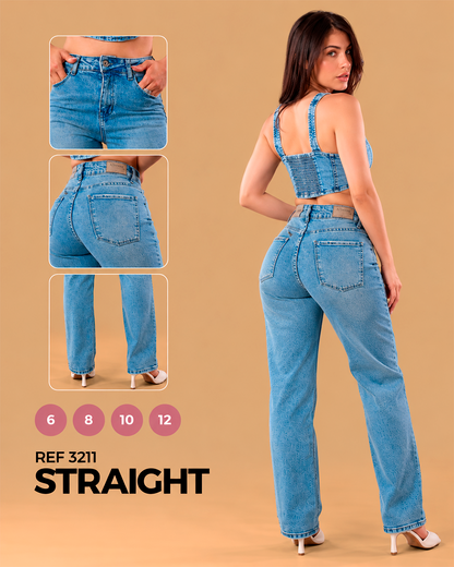 Straight Tiro Alto Azul Claro Texturizado Ref 3211