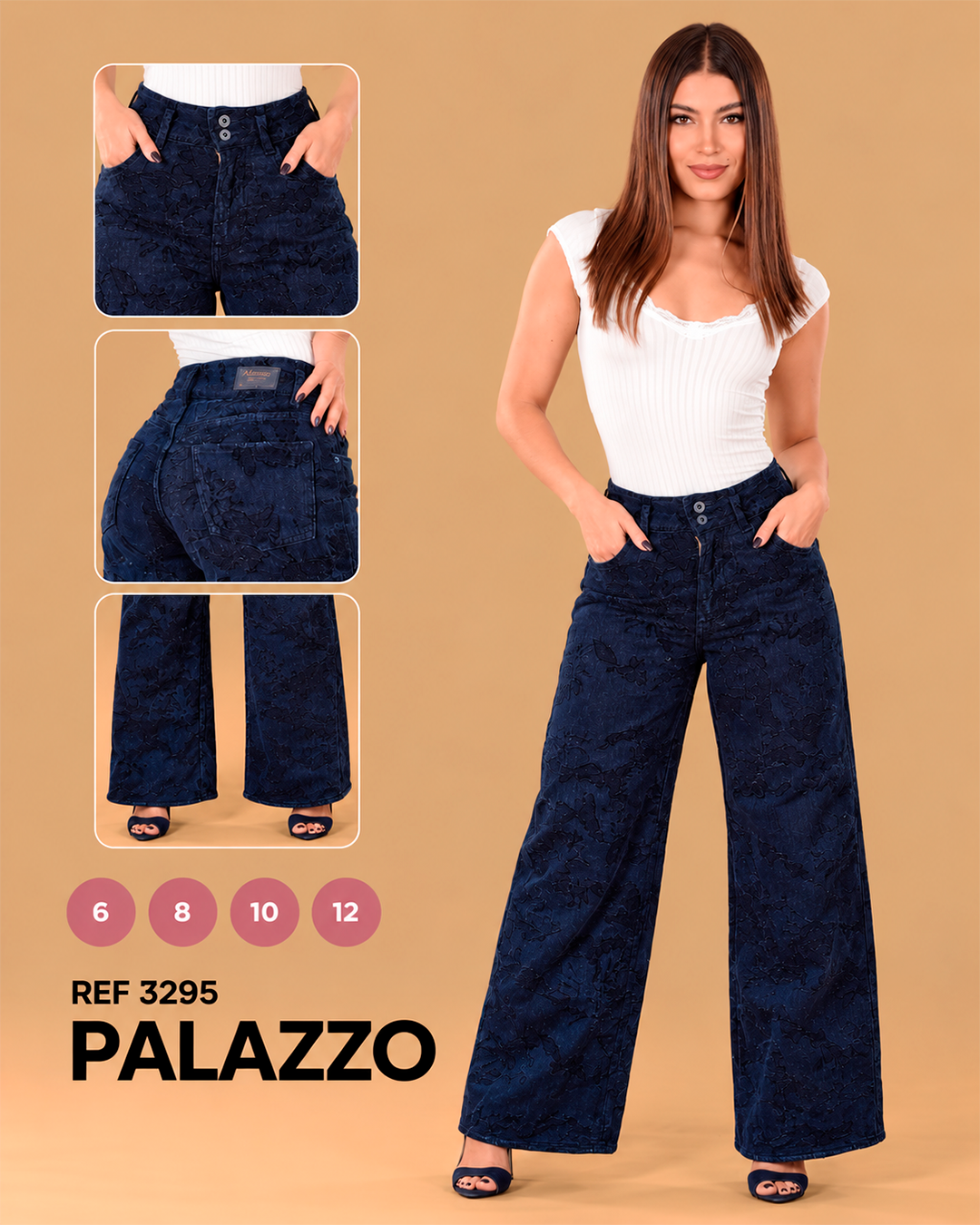 Palazzo Bordado Floral Azul Oscuro Doble Botón Ref 3295