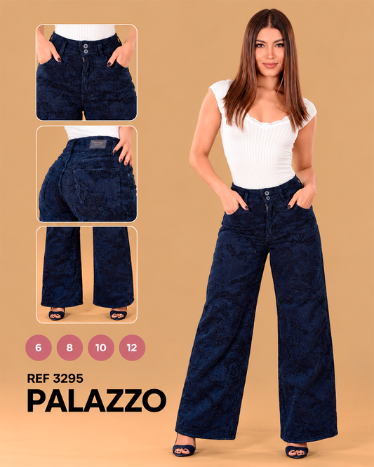 Palazzo Bordado Floral Azul Oscuro Doble Botón Ref 3295