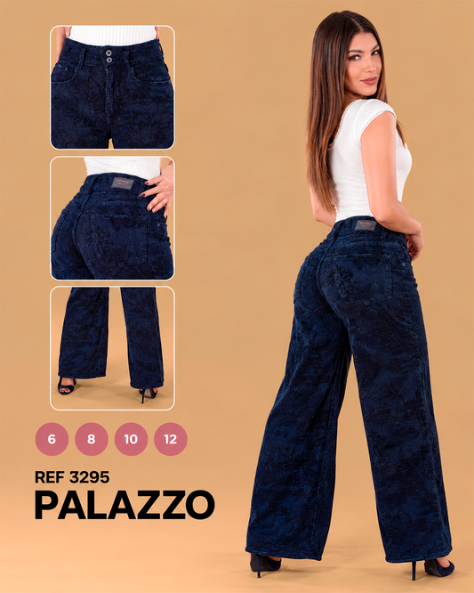 Palazzo Bordado Floral Azul Oscuro Doble Botón Ref 3295