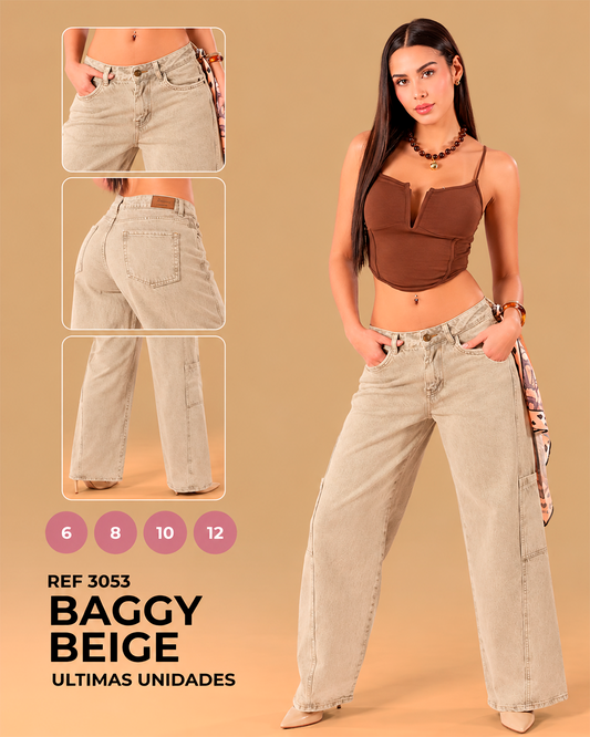 Baggy Beige Tiro Bajo con Bolsillos Laterales Ref 3053