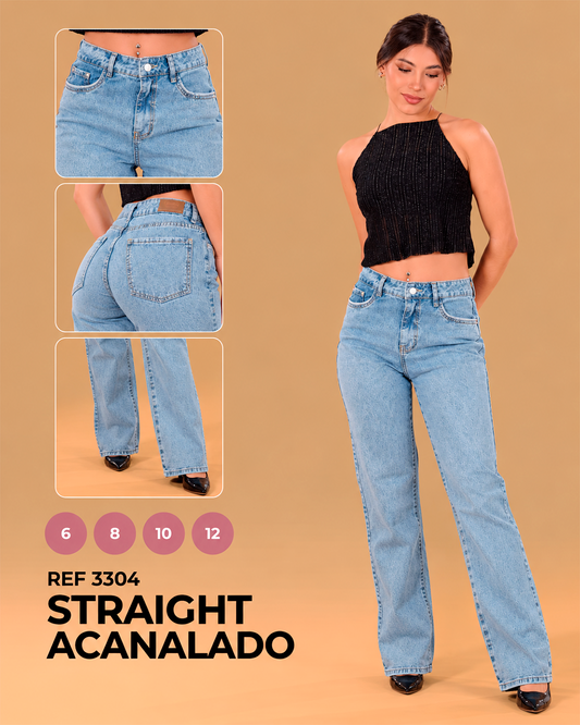 Straight Acanalado Azul Claro de Tiro Alto ref 3304