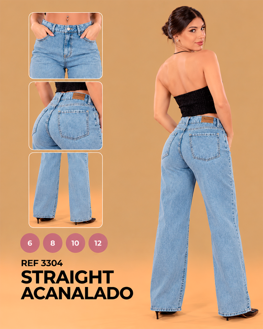 Straight Acanalado Azul Claro de Tiro Alto ref 3304