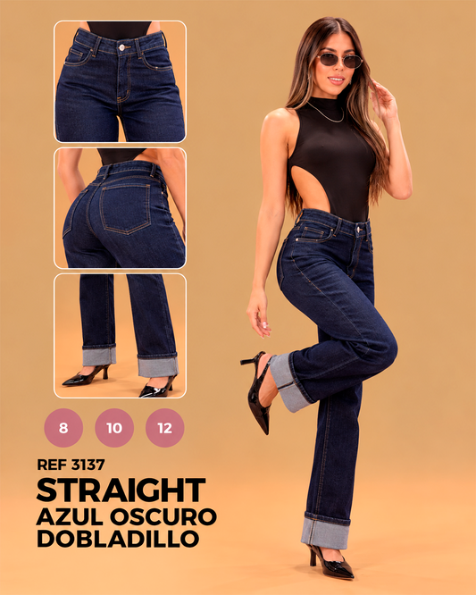 Jean Recto Straight Tiro Alto Azul Oscuro con Dobladillo Ancho Ref 3137