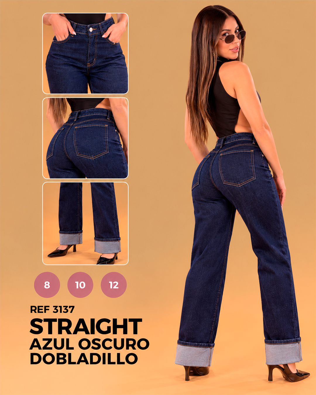 Jean Recto Straight Tiro Alto Azul Oscuro con Dobladillo Ancho Ref 3137