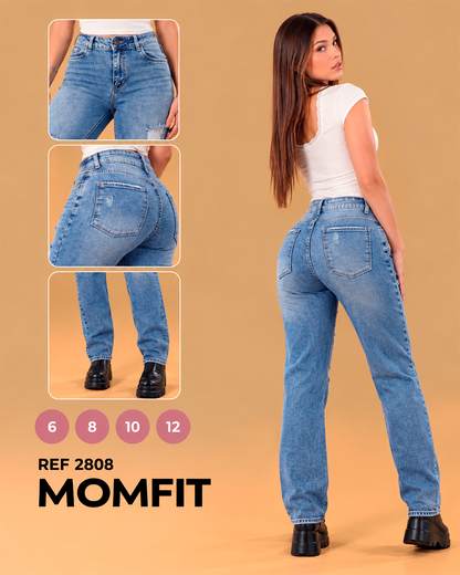 Mom Fit Tiro Alto Azul Medio con Rotos Ref 2808