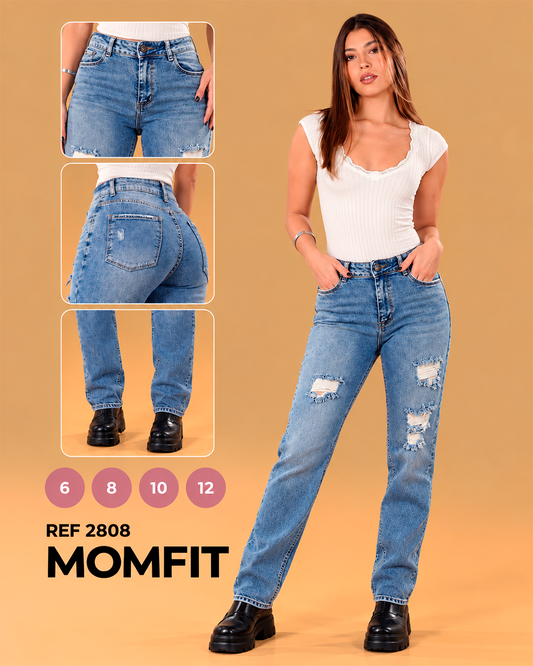 Mom Fit Tiro Alto Azul Medio con Rotos Ref 2808