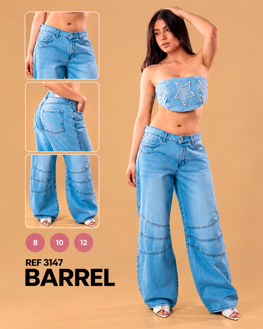 Barrel Azul Claro Tiro Bajo con Costuras en la Pierna Ref 3147