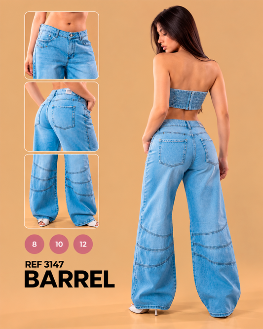 Barrel Azul Claro Tiro Bajo con Costuras en la Pierna Ref 3147