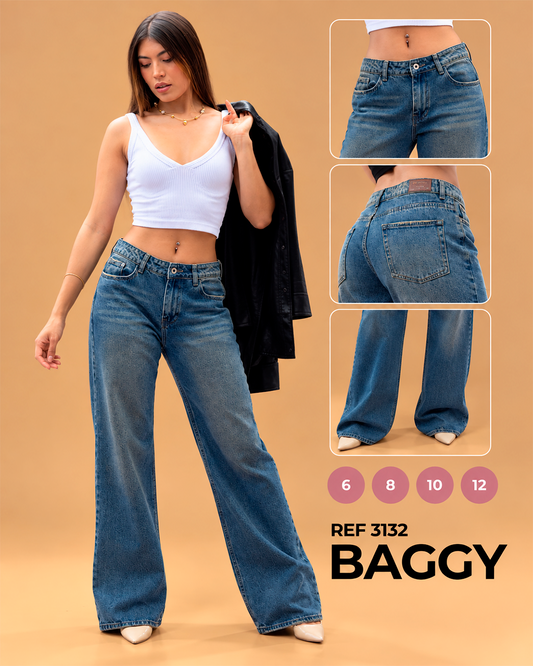 Baggy Tiro Bajo Azul Desgastado con Efecto Bigotes Ref 3132