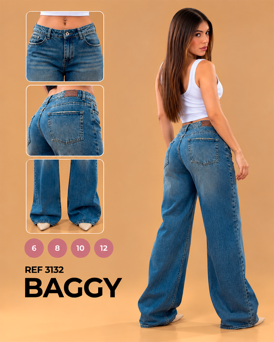 Baggy Tiro Bajo Azul Desgastado con Efecto Bigotes Ref 3132
